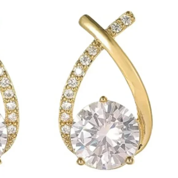 Crossed Waterdrop Gold Plated Stainless Steel & Lab Created Diamond Earrings - Picture 3 of 3